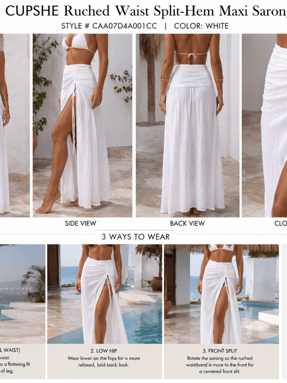 Cupshe White Ruched Waist Split-Hem Maxi Sarong Skirt
